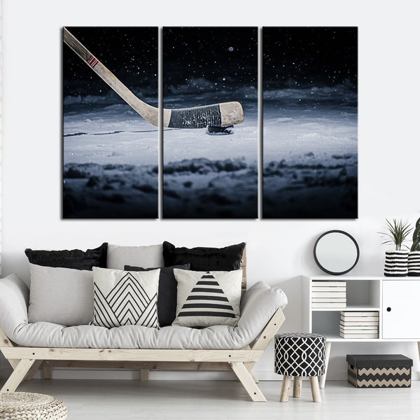 Hockey canvas wall art Ice Hockey Stick Winter Sport art prints Puck on ice wall art Hockey art Man Cave Hockey Fan Gift