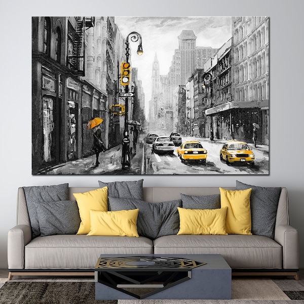 New York Street Canvas Wall Art American City Yellow Taxi Wall Decor New York Black white Multi panel canvas Manhattan print