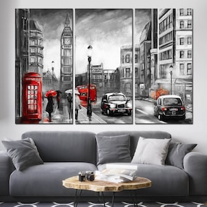 London street canvas wall art Big Ben London wall decor Black white Large canvas art Red Umbrella Red Phonebox London prints