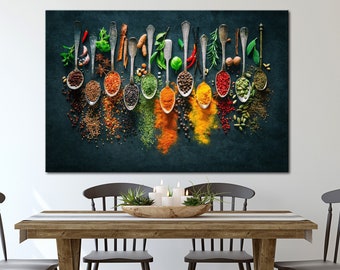 Spice Spoons print Kitchen wall decor Herbs and Spices wall art Food art print Kitchen herbs Large canvas art Kitchen gift
