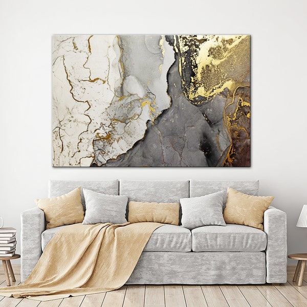 Grey Gold Marble wall decor Abstract Canvas print Modern wall art Gold marble Large wall art Contemporary Art Gift for husband