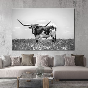 Black white Cow Canvas wall art Texas longhorn print Longhorn black white Bull wall decor Modern farmhouse Western Rustic decor Cow print