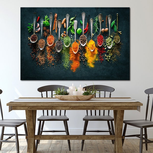 Spice Spoons print Kitchen wall decor Herbs and Spices wall art Food art print Kitchen herbs Large canvas art Kitchen gift