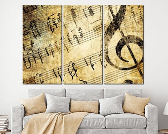 Music wall art Clef and Notes wall art canvas Music art prints Vintage Music Notes Large wall art Music room decor Music gift