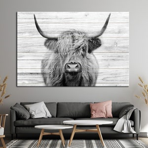 Cattle Wall Decor Canvas Wall Art Black White Highland Cow Print Large Wall Art Scottish Cow Art Wall Decoration