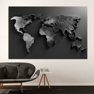 Black World map wall art canvas Large World map print Living room wall art World map Modern office wall art Man Cave decor