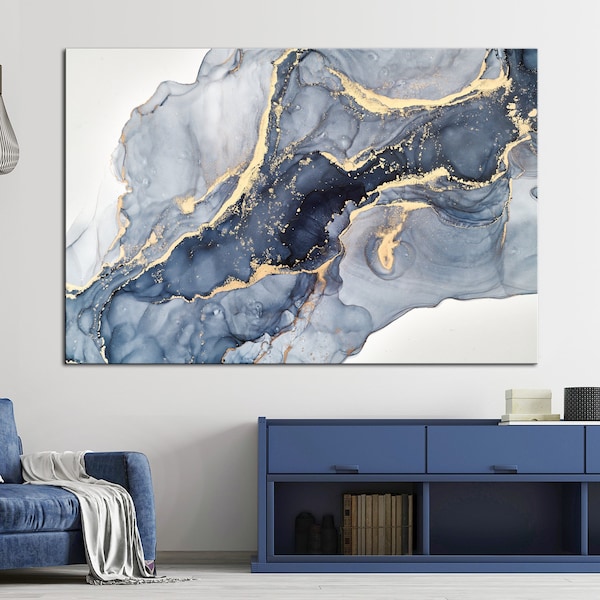 Impression abstraite Art mural en marbre bleu or Art abstrait sur toile Décoration murale en marbre Art mural moderne Art mural abstrait imprimable