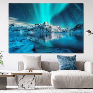 Northern Lights Large canvas art Night sky painting Northern Landscape Nature wall art Mountain Alaska art Multi panel canvas