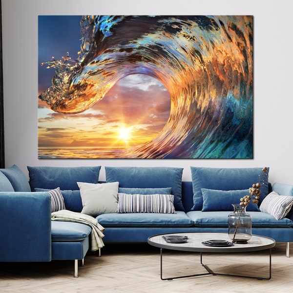 Ocean Wave wall art canvas Colorful Seascape Sunset canvas print Surf wall decor Ocean Wave print Large wall art Living room