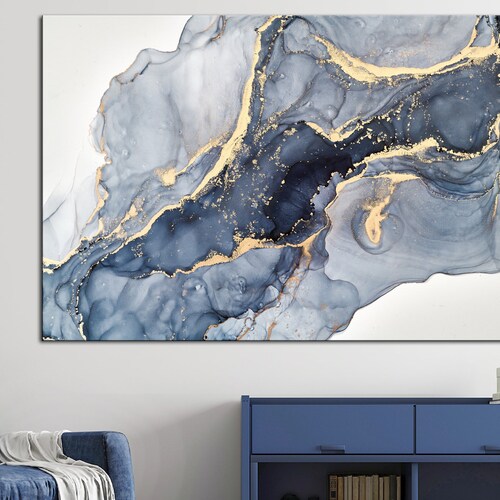 Marble Fluid Abstract Art Print Navy Blue Gold Grey Bedroom Etsy