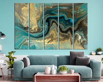 Teal Abstract wall art Turquoise and gold  Marble canvas art Abstract turquoise Large canvas art Living room wall art