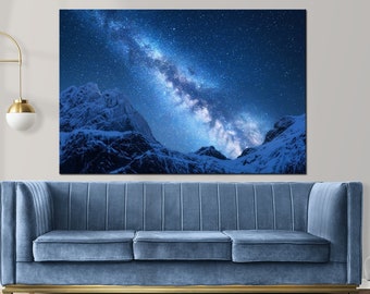 Starry night print wall art Milky Way wall art canvas Snowy Mountain Large canvas art Night Sky Nature wall art Living room