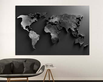 Black World map wall art canvas Large World map print Living room wall art World map Modern office wall art Man Cave decor