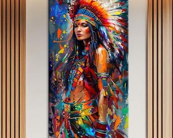 Lienzo con estampado de mujer nativa: retrato colorido, arte mural tribal.