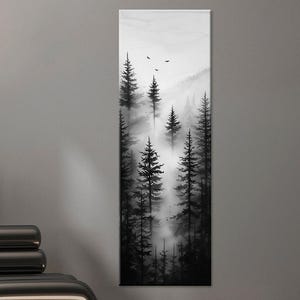 Foggy Forest Canvas Print: Black and White Landscape, Vertical Nature Decor
