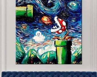 May include: A square canvas wall art piece featuring a thick, textured oil painting style. The artwork depicts a green pipe, a red and white spotted piranha plant, and a white ghost character against a swirling, dark blue starry night sky.
