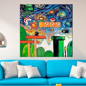 Mario World Van Gogh canvas wall art Starry Night Modern art Mario print Video game decor Large canvas art