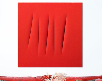 Lucio Fontana Museum print Red cut outs Abstract canvas wall art Concetto Spaziale Exhibition print Modern wall decor