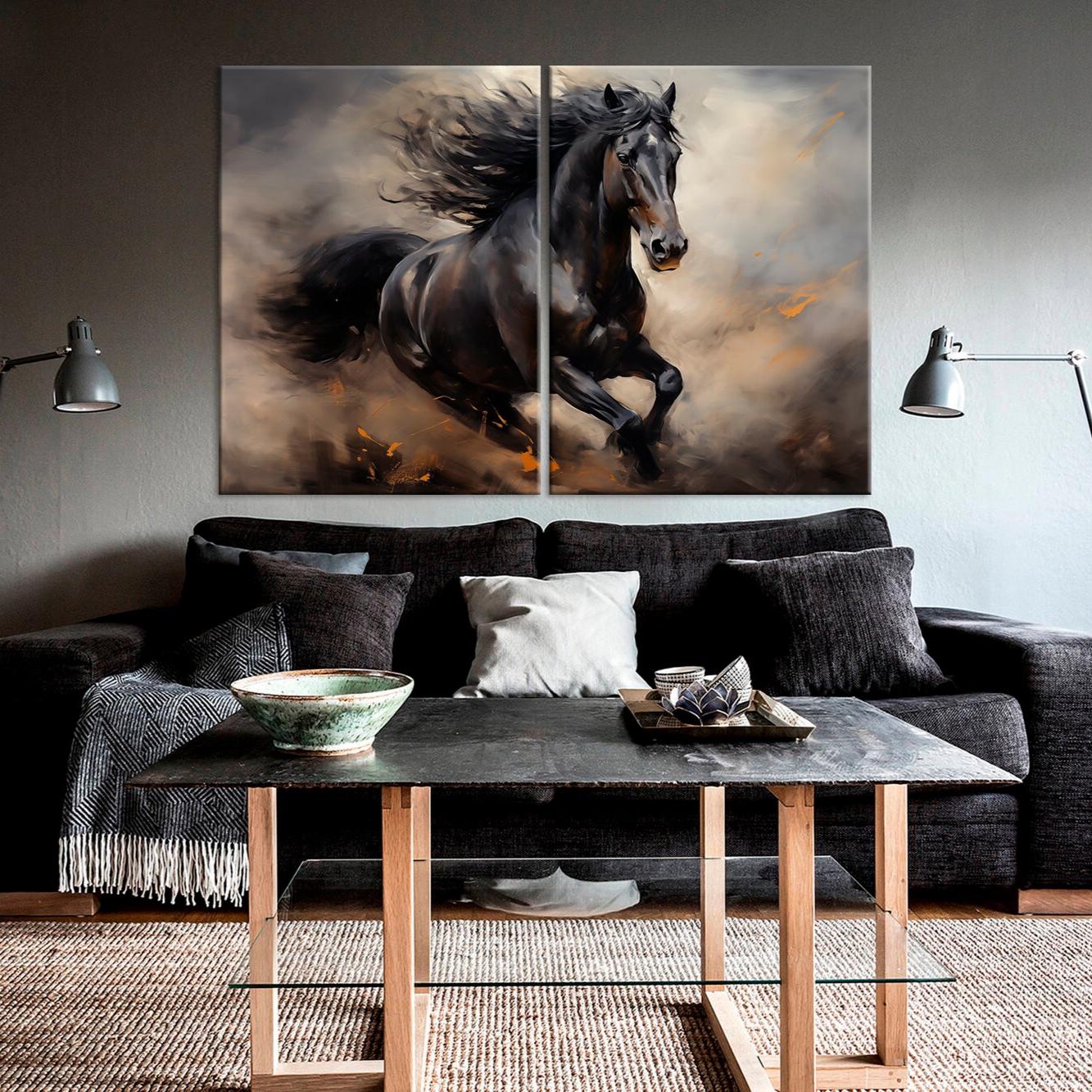 Running Black Horse Canvas Print - Wild Horse Wall Art - Etsy