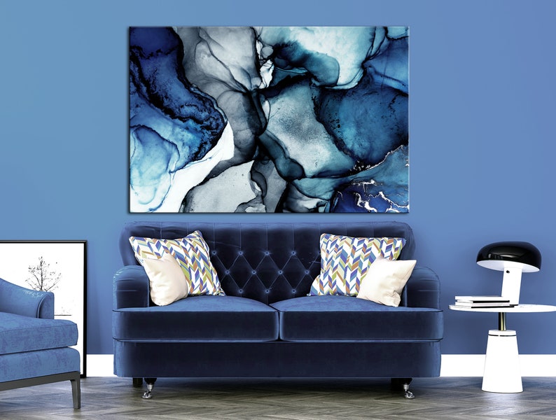 Navy Blue Wall Decor Large Marble Wall Art Canvas Print Navy Etsy