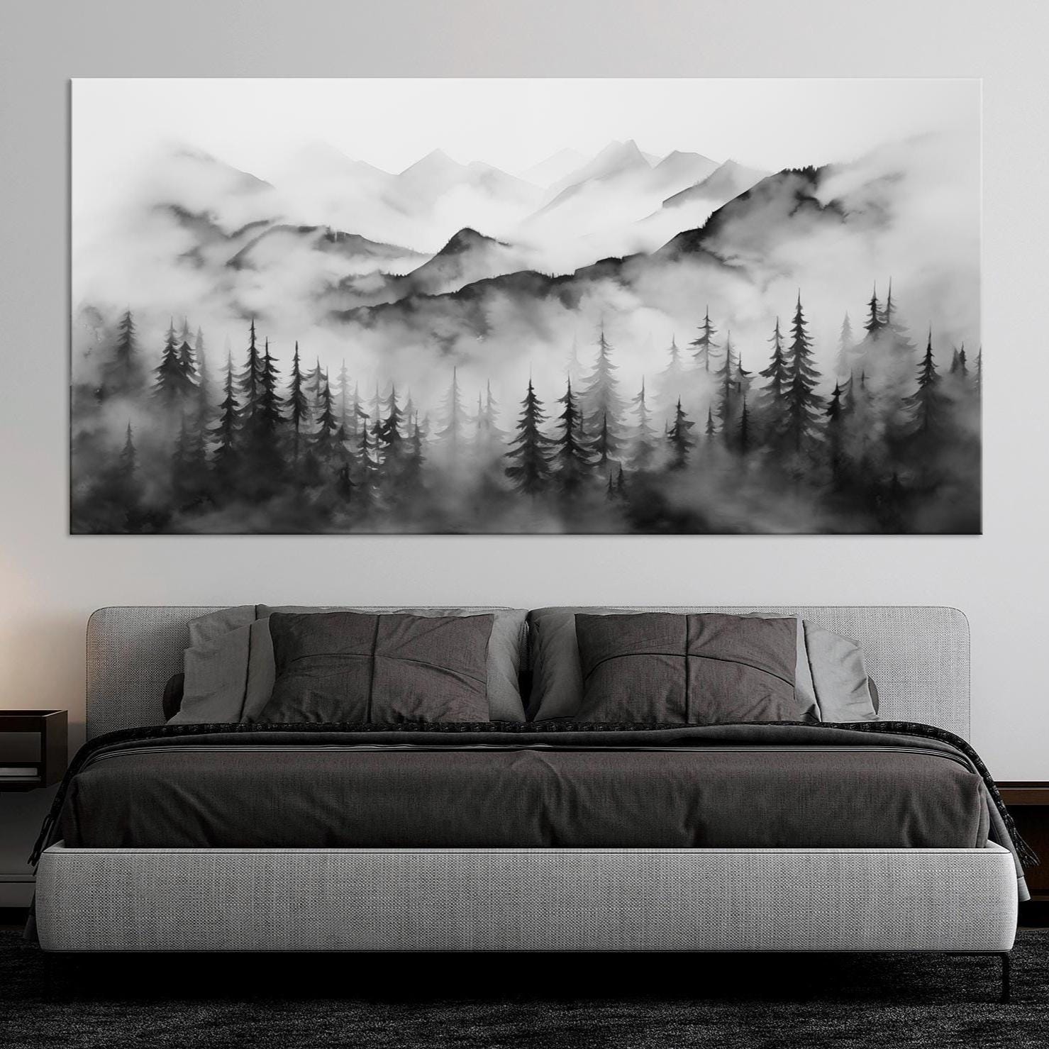 Foggy forest large canvas wall art prints Nature landscape print Mountain wall art Black white art Misty Forest print