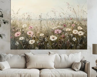 Wildflower Field Canvas Print: Large Nature Landscape, Farmhouse Decor