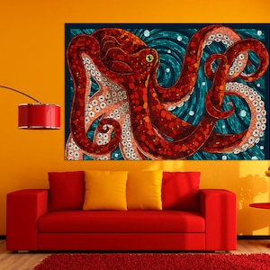 Red octopus large canvas wall art prints Octopus painting Underwater wall art Nautical decor Abstract octopus art Beach house decor