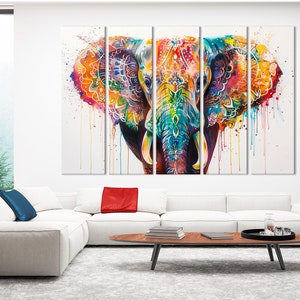 Colorful Elephant canvas wall art Animal print Elephant painting print Colorful wall decor Large canvas art Set of 5 Panels