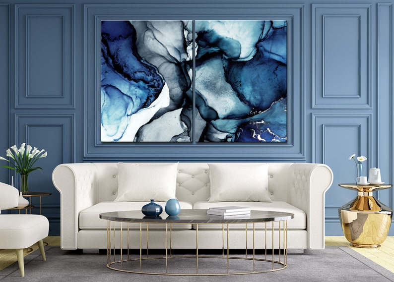 Navy Blue Wall Decor Large Marble Wall Art Canvas Print Navy Etsy