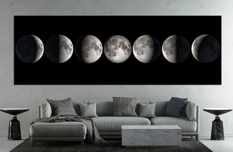 May include: A black and white illustration of the moon in eight different phases. The moon phases are arranged in a row from new moon to full moon.