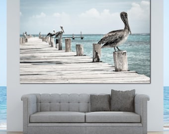 Lienzo con estampado de pelícano, arte mural de aves costeras