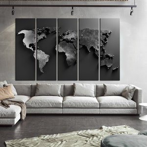 Black World map wall art canvas Large World map print Living room wall art World map Modern office wall art Man Cave decor Set of 5 Panels