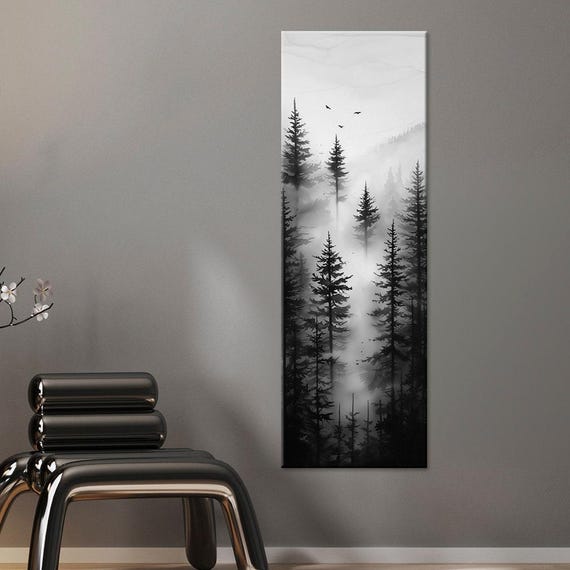Foggy Forest Canvas Print: Black and White Landscape, Vertical Nature Decor