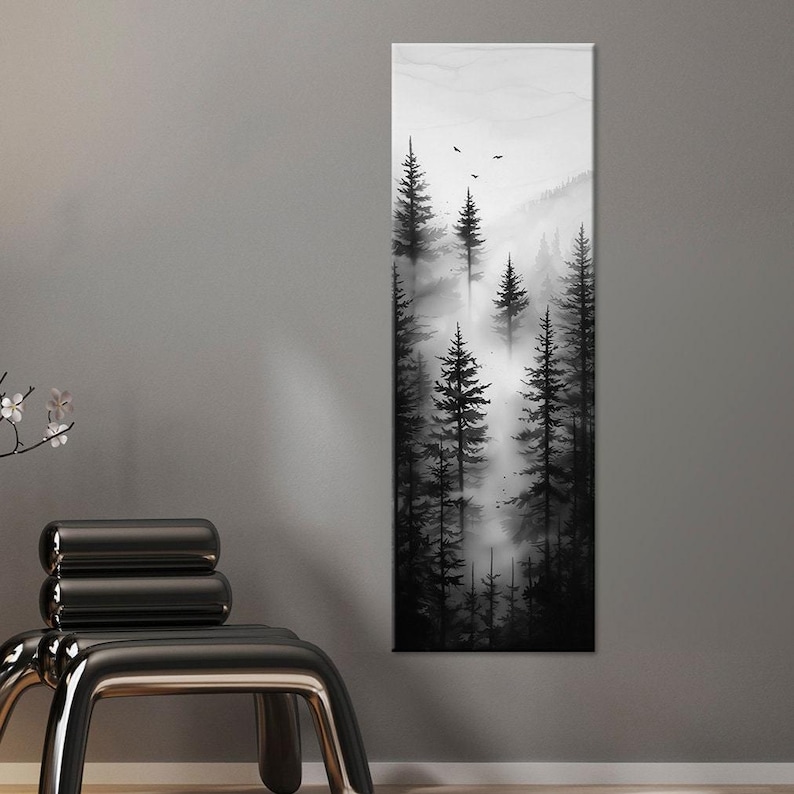 Foggy Forest Canvas Print: Black and White Landscape, Vertical Nature Decor
