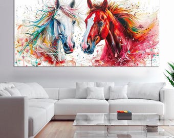Vibrant Two Horses Canvas Print: Colorful Animal Wall Art for Living Room