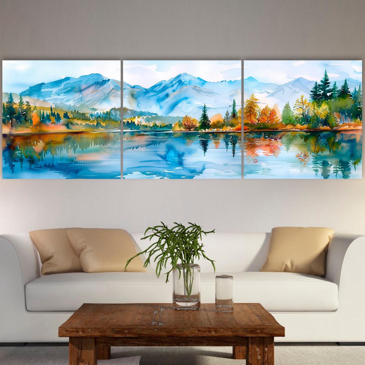 Mountain Lake Canvas Art: Watercolor Landscape Print, Living Room Decor ...