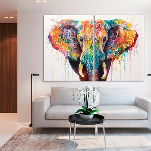 Colorful Elephant canvas wall art Animal print Elephant painting print Colorful wall decor Large canvas art Set of 2 Panels
