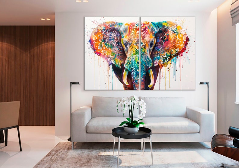 Colorful Elephant canvas wall art Animal print Elephant painting print Colorful wall decor Large canvas art Set of 2 Panels