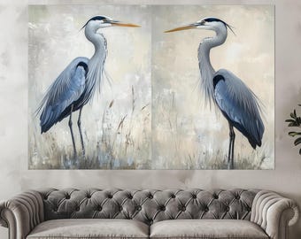 Set of 2 Blue Heron Canvas Prints: Coastal Bird Wall Art, Rustic Bedroom Decor