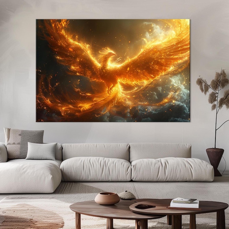 Rising Phoenix large canvas wall art prints Fire phoenix painting print Mythical bird art Fantasy decor Bedroom wall art