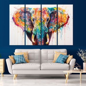 Colorful Elephant canvas wall art Animal print Elephant painting print Colorful wall decor Large canvas art Set of 4 Panels