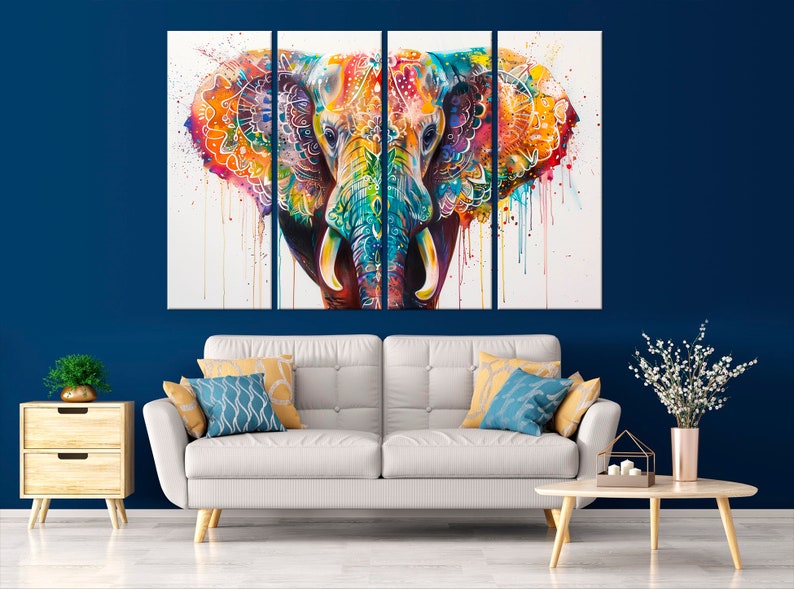Colorful Elephant canvas wall art Animal print Elephant painting print Colorful wall decor Large canvas art Set of 4 Panels