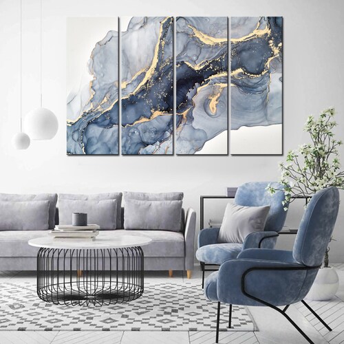 Abstract Painting Modern Wall Art Marble Canvas Print Blue Etsy