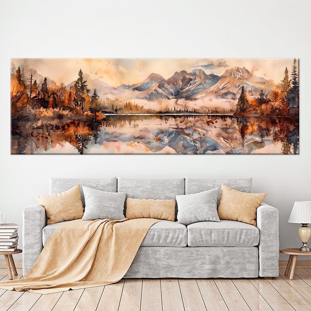 Panoramic Watercolor Mountain Lake Canvas Wall Art – Landscape Nature ...