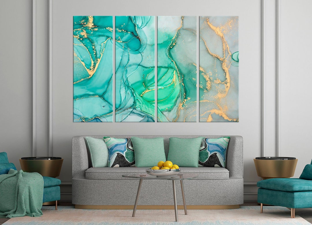 Abstract Canvas Art Prints Teal Gold Wall Decor Modern Art Turquoise