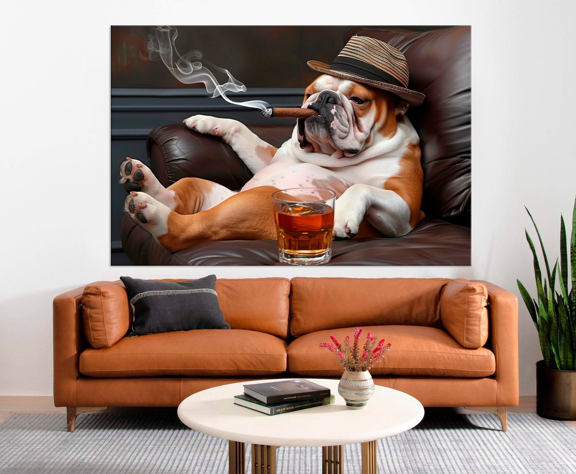 English Bulldog canvas print Funny Dog with Cigar and Whiskey Large canvas art English Bulldog Living room decor Whiskey Lover Decor