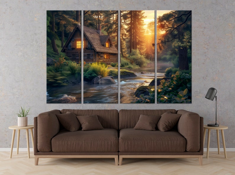 Cabin in Forest Canvas Wall Art, Rustic River Landscape Print - Etsy