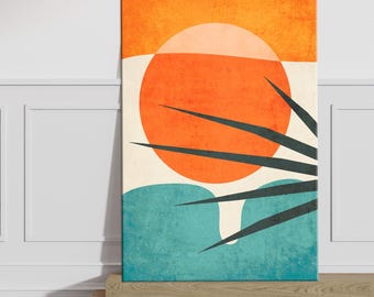 Mid Century Geometric Canvas Print: Orange Sun, Palm Leaf Abstract Wall Art