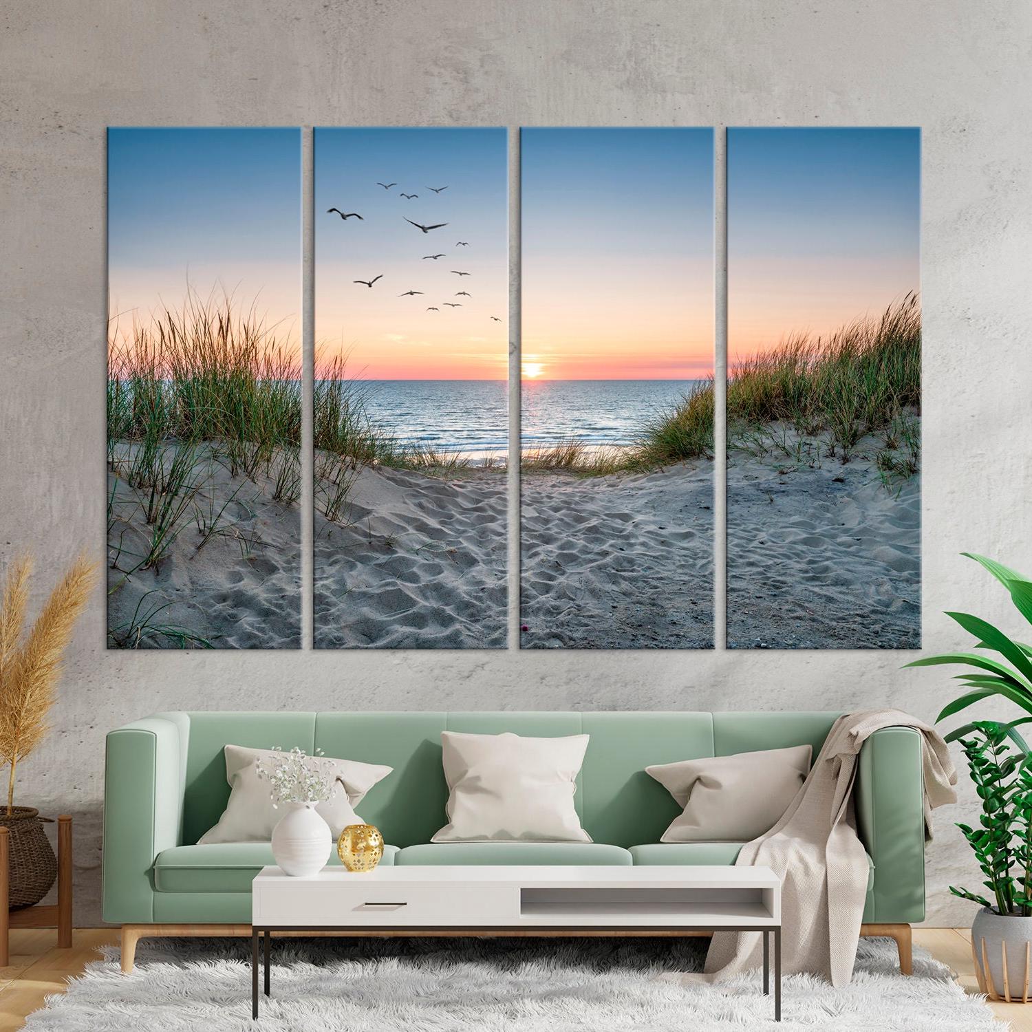 Beach Sunrise Seascape Canvas Art Print: Birds Over Sand Dunes ...