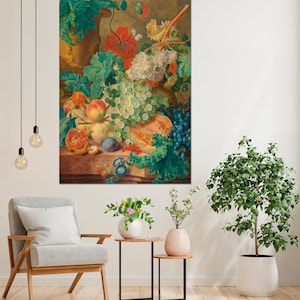 Flowers and fruits large canvas wall art prints Kitchen wall decor Dutch still life Retro food art Oil painting print